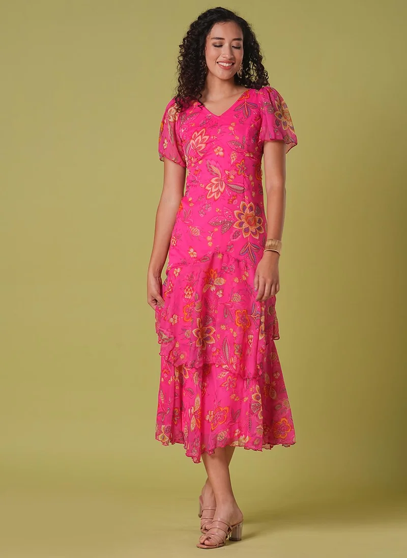 globus Globus Women Pink V-Neck Flared Sleeves Floral Print Layered Fit & Flare Maxi Party Dress